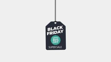 Black Friday Sale Rabatt bis zu 80 Prozent Rabatt auf das Aufhängen mit Seilabzeichen. Etikettenanimation für Papieretiketten. Verkaufskonzept. video