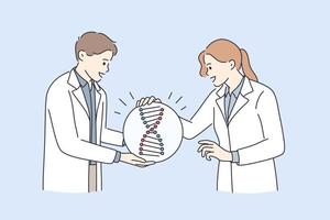 Genetic research and dna tests concept. Young man and woman doctors scientists standing around huge dna molecule talking discussing scientific experiment vector illustration