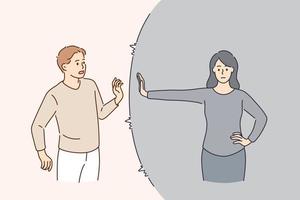 Defending personal boundaries and freedom concept. Young woman standing and feeling in capsule defending her own private personal boundaries from man vector illustration