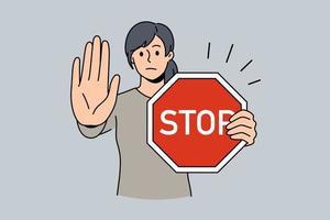 Stop sign and rejection concept. Young serious woman cartoon character standing with red sign stop in hands and showing her palm with refusing emotion vector illustration