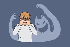 Inner fears and feeling terrified concept. Young stressed frustrated man standing covering eyes with hands feeling chocked and afraid with ghost shadows around vector illustration