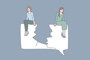 Quarrel, problems in communication concept. Two women friends sitting on different edges of torn paper feeling sad of misunderstanding and quarrelling with each other vector illustration