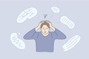 Stress, exhaustion, fullness of thoughts concept. Young stressed man cartoon character touching head feeling thinking having variety of thoughts vector illustration