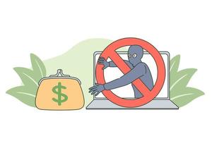 Internet crime and money fraud concept. Man hacker pulling his hand to wallet, money, credit cards vector isolated illustration