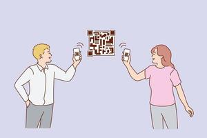 Scanning QR codes with phone concept. Young couple man and woman standing holding smartphones and scanning QR codes on picture together online vector illustration