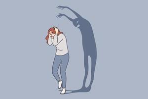 Psychology, panic attack, phobia, frustration concept. Frightened Woman cartoon character standing escaping scary shadow monster suffering from fears of mental health vector illustration