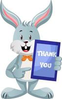 Bunny con signo de agradecimiento, ilustración, vector sobre fondo blanco.