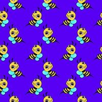 Relaxed bee, seamless pattern on purple background. vector