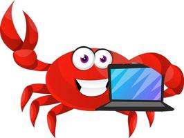 Crab with lap top, illustration, vector on white background.