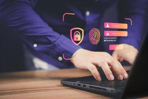 Man typing login and password, cyber security concept, Secure encryption and access to the user's private information to access the Internet. photo