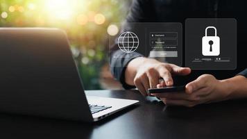 Cybersecurity concept, padlock icon and internet technology network, secure encryption of user's personal data, secure internet access. photo