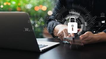 Cybersecurity concept, padlock icon and internet technology network, secure encryption of user's personal data, secure internet access. photo