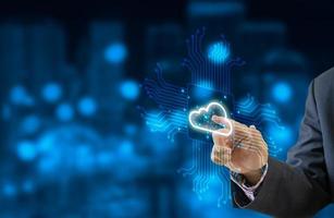 Cloud computing diagram technology. Data storage. Networking and internet service concept.Businessman touching cloud icon virtual. photo