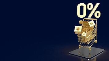 The gold zero percent on shopping cart  for promotion concept 3d rendering photo
