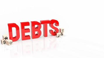 el texto de las deudas rojas sobre fondo blanco 3d renderizado foto
