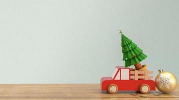 el árbol de navidad en camión de madera en la mesa de madera 3d renderizado foto