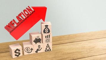 The red inflation text and business icon wood cube 3d rendering photo