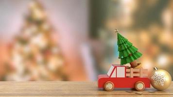 el árbol de navidad en camión de madera en la mesa de madera 3d renderizado foto