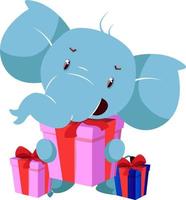 Elephant with birthday present, illustration, vector on white background.