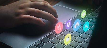 Banner of woman using laptop with Document Management System VR interface and copy space. Online documentation database and process automation to efficiently manage files. photo