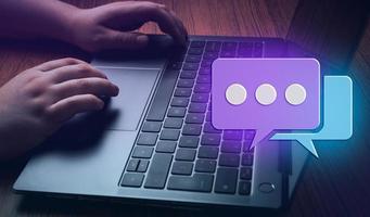 Woman hands using laptop with 3D icon message and copy space. Social media concept. Internet of things. Digital technology. Application communication. Digital media website. photo