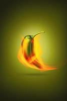 Vertical photo of spicy green pepper roasted on fire. Creative photo of hot jalapeno on fire for packaging and advertising. Food Design poster.