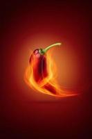 Vertical photo of spicy red pepper roasted on fire. Creative photo of hot jalapeno on fire for packaging and advertising. Food Design poster.