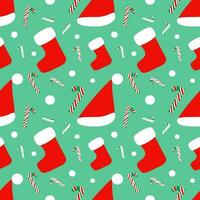 Christmas seamless pattern with Santa hat, socks and candy stick, red and white on green background. vector