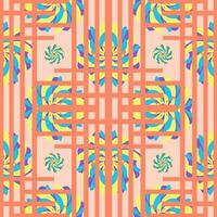 Seamless pattern with orange line, look like cage, and colorful flowers shape, blue yellow and purple, on light orange background. vector