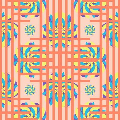 Seamless pattern with orange line, look like cage, and colorful flowers shape, blue yellow and purple, on light orange background.