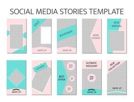 Social media stories template. Set of 10 story layout for bloggers and SMM. Mint green and pink pastel color palette. Editable web banners for mobile application. vector