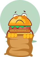 Burger está sosteniendo una bolsa marrón, ilustración, vector sobre fondo blanco.