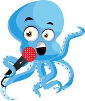 Octopus singing on microphone, illustration, vector on white background.