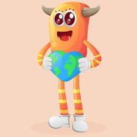 Cute orange monster holding earth with love shape vector