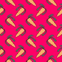 Carrots with leaves, seamless pattern on hot pink background. vector