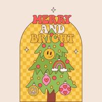 plantilla de tarjeta maravillosa y brillante para navidad con árbol de navidad vintage con bolas y juguetes retro hippie. ilustración de vector lineal sobre fondo a cuadros.