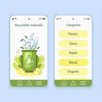 Set of UI and UX screens for mobile app about ecology. Ecology Dashboard.Template of the interface. Recycling materials. vector