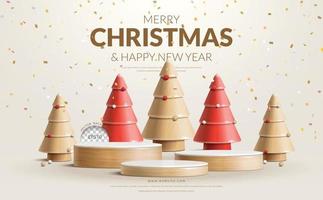 Merry christmas and happy new year concept, three step wood podium with Christmas tree. vector illustration