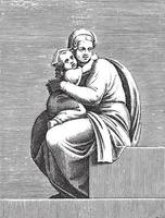 Seated Woman with Child, Adamo Scultori, after Michelangelo, 1585, vintage illustration. vector