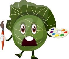 Cabbage is holding a brush and color palette, illustration, vector on white background.