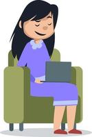 Girl sitting with laptop, illustration, vector on white background.