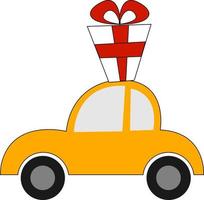 Car carrying a present, illustration, vector on white background.