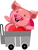 Pig in shopping cart, illustration, vector on white background.