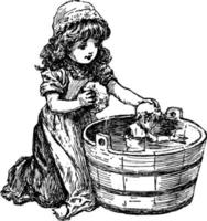 Girl Bathing Her Baby Doll, vintage illustration. vector