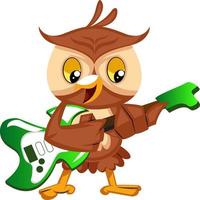 Owl playing guitar, illustration, vector on white background.