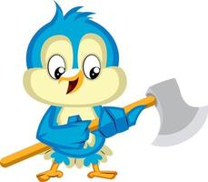Blue bird is holding an axe, illustration, vector on white background.