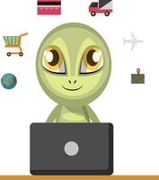 Alien working on laptop, illustration, vector on white background.