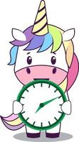 Unicornio con reloj, ilustración, vector sobre fondo blanco.