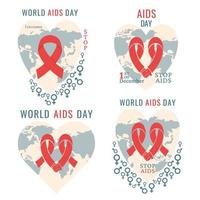 World Aids day. Set of elements for banners, flyers, posters, web. Red ribbon with earth in shape of heart. AIDS awareness. Concept of care, support for hiv infected people. Vector illustration