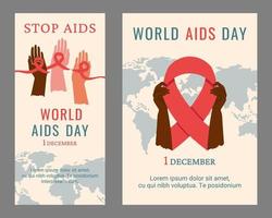 World Aids day. Set of posters. Awareness of AIDS. People of different colour, nationality holding red ribbon as symbol of unity, help for one another. Support for hiv infected people. Vector